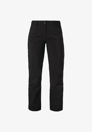 Schwarze wasserdichte Hosen mit zwei seitlichen Reißverschlusstaschen, einer glatten Textur und einem geraden Schnitt. Mit Druckknopfverschluss in der Taille.