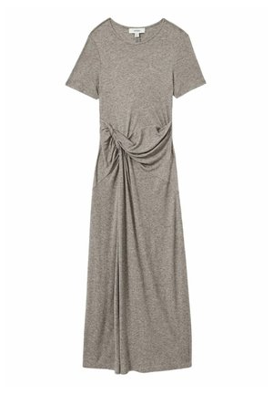 Abito a t-shirt grigio realizzato in un tessuto morbido e elasticizzato. Presenta maniche corte, scollatura rotonda e un'accenzione annodata sul lato.