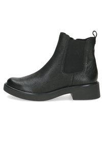 Black leather ankle boot with elastic side panels, rounded toe, and a low block heel. Textured finish, minimalist design.