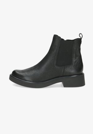 Must valgus nahast ankle saapad elastsete külgpaneelidega, ümar varvas ja madal plokkkonts. Tekstuuriga viimistlus, minimalistlik disain.