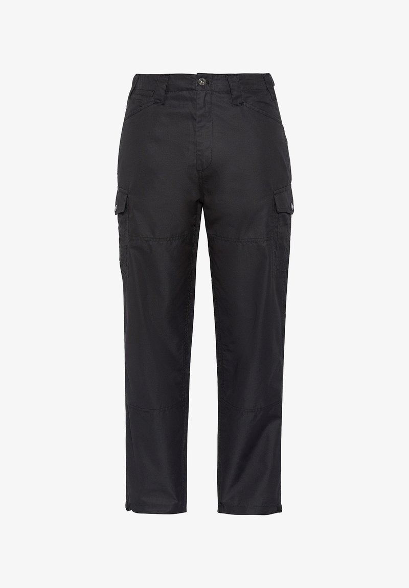 Μαύρο ανθεκτικό παντελόνι cargo με κουμπωτές πλαϊνές τσέπες, μπροστινές τσέπες και ενισχυμένες ραφές γόνατος, απεικονισμένο επίπεδο σε λευκό φόντο.