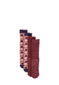 Tre paia di calzini morbidi: uno a quadri rosso e blu, uno burgundy uniforme e uno burgundy texture con stelle sulle suole.