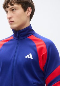 Μπλε και κόκκινο αθλητικό μπουφάν με ψηλό γιακά, φερμουάρ και λευκό λογότυπο. Διαθέτει αντιθετικές πάνελ και απαλή υφή υφάσματος.