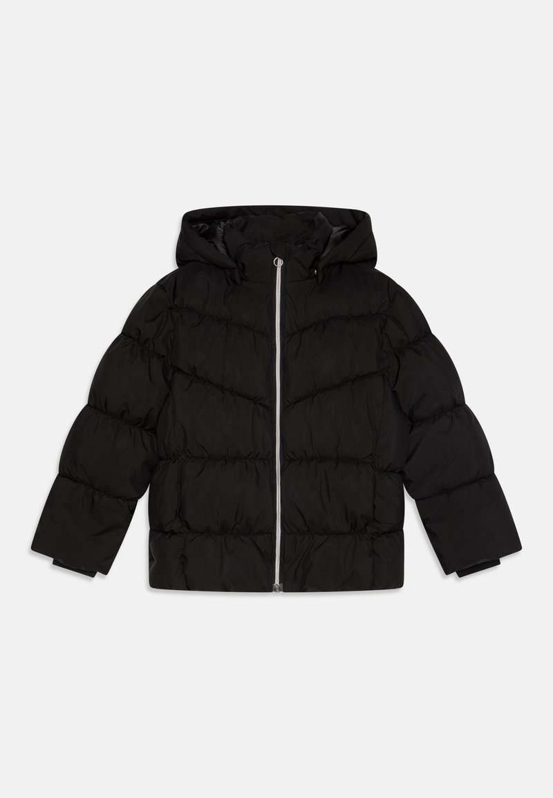 Svart puffjacka med huva, med zip framstängning, sydda paneler och en cropped design. Tillverkad av mjukt, strukturerat tyg.