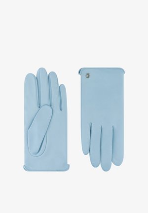 Hellblaue Lederhandschuhe, flach dargestellt, eine Handfläche nach oben und eine Handrückseite nach oben, mit einem kleinen dekorativen Metallemblem am Bündchen.