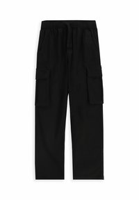 Czarne spodnie cargo wykonane z bawełny, z elastycznym paskiem w talii ze sznurkiem, dwoma kieszeniami bocznymi oraz dwiema dużymi kieszeniami na udach.