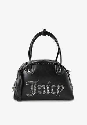 Black leather handbag with double handles, a side buckle strap, and "Juicy" written in small silver studs on the front.