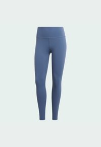 Blauwe legging gemaakt van rekbare stof, hoge tailleband, aansluitend ontwerp, gladde textuur, geschikt voor sport of casual kleding.