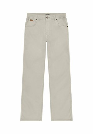 Helle graue gerade Jeans aus Baumwolle, mit Knopfverschluss, fünf Taschen und dezentem Branding am Bund.