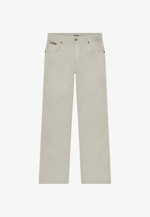 Helle graue gerade Jeans aus Baumwolle, mit Knopfverschluss, fünf Taschen und dezentem Branding am Bund.