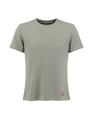 Lichtgrijs geribbeld gebreid T-shirt met korte mouwen, een ronde hals en een klein rechthoekig bruin logolabel vlak bij de zoom, op een witte achtergrond.