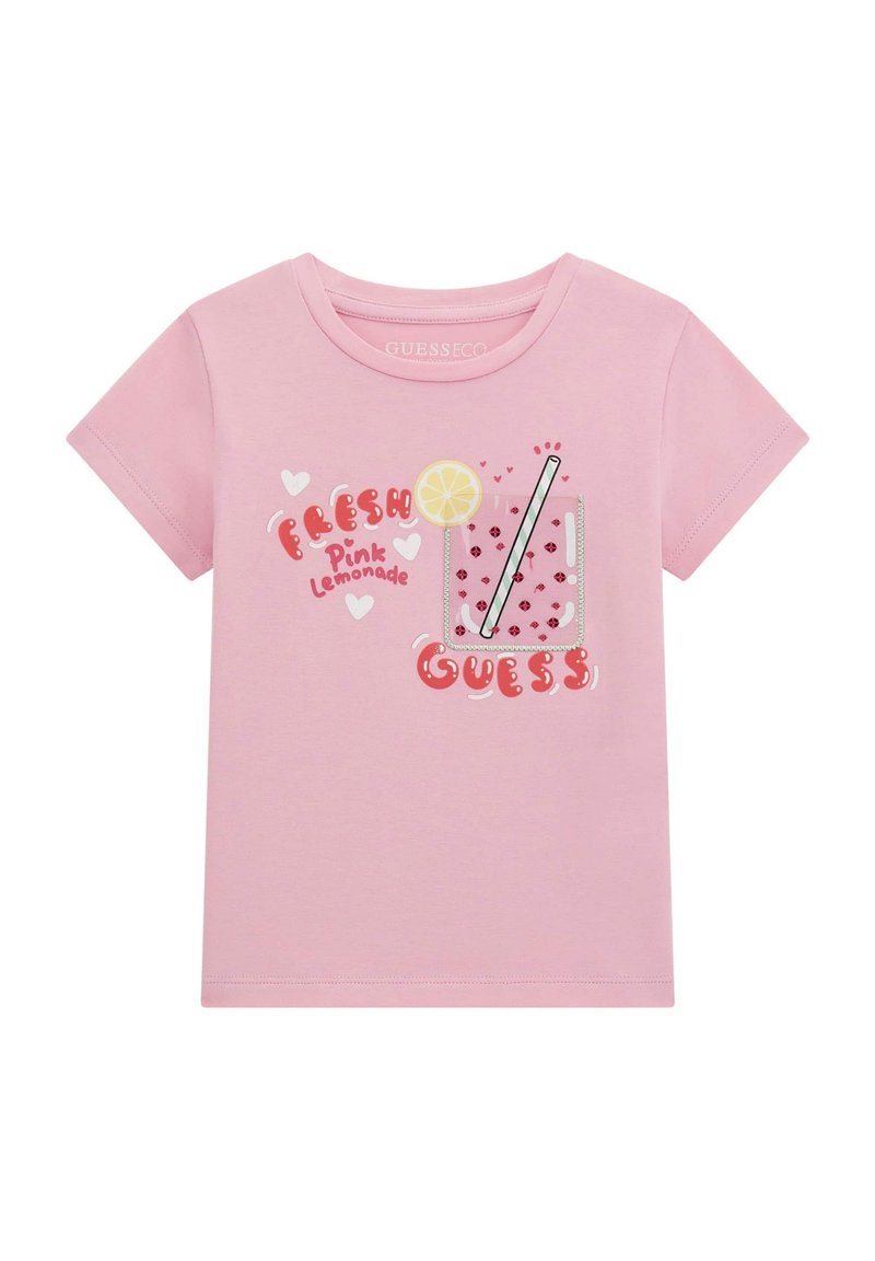 Rosa Baumwoll-T-Shirt mit einem Grafikdesign eines Glases rosa Limonade, verziert mit Herzen und dem Text "Frische rosa Limonade".
