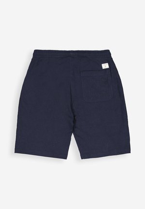 Marineblaue Herren-Shorts mit elastischem Bund, einer einzelnen Gesäßtasche auf der rechten Seite mit einem kleinen Patch-Label und dezentem Stickdetail.