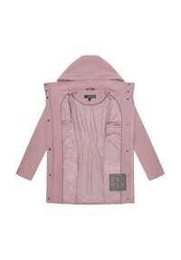 Pink hooded jacket with a smooth interior lining, featuring snap buttons, multiple pockets, and a textured exterior.
