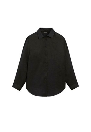 Chemise noire à manches longues boutonnée avec col, design simple et ourlet arrondi.