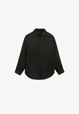 Chemise noire à manches longues boutonnée avec col, design simple et ourlet arrondi.