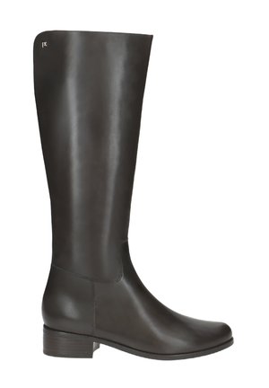 Knöchelhoche, dunkelbraune Lederstiefel mit einem schlanken Design, runder Spitze, niedrigem Blockabsatz und minimaler Hardware-Detaillierung. Glatte Textur.