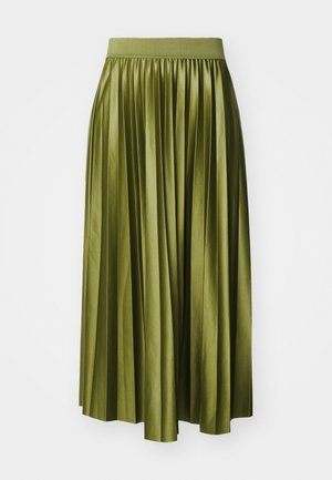 Pleated midi skirt in olive green satin, featuring a wide elastic waistband and a flowy silhouette with vertical pleats.