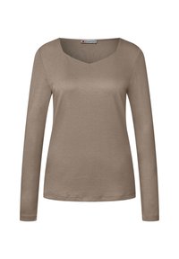 Haut à manches longues, en V, de couleur taupe. Fabriqué dans un tissu doux et lisse avec une coupe décontractée et des détails de couture à l'ourlet.