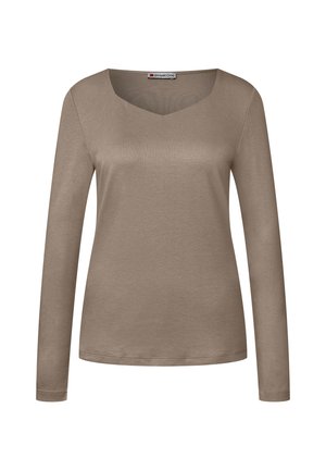 Langarm, V-Ausschnitt-Oberteil in Taupe. Aus einem weichen, glatten Stoff gefertigt, mit einem lockeren Schnitt und genähten Saumdetails.
