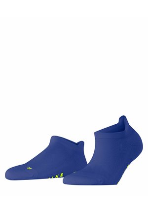 Calcetines tobilleros azules con un diseño elegante y texturizado y puntera reforzada. Presentan un brillante logo amarillo en el lateral para mayor visibilidad.