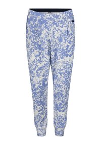 Lichte joggers met een bloemenpatroon in blauw en wit, elastische tailleband, boorden aan de enkels en zijzakken.