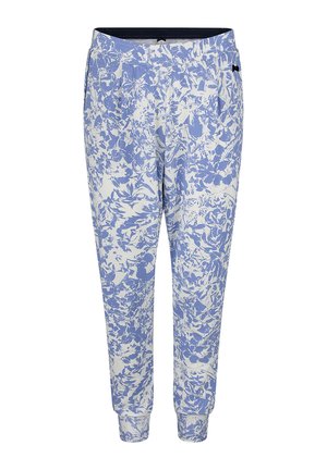 Lichte joggers met een bloemenpatroon in blauw en wit, elastische tailleband, boorden aan de enkels en zijzakken.