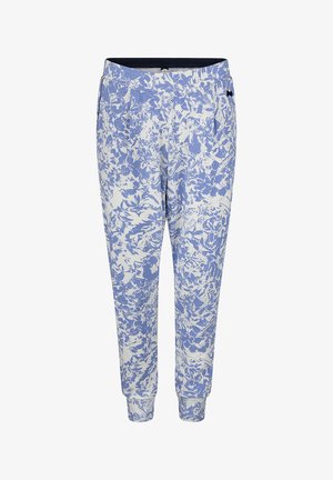 Lichte joggers met een bloemenpatroon in blauw en wit, elastische tailleband, boorden aan de enkels en zijzakken.