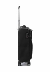 Valigia nera con ruote, manico telescopico, tessuto resistente, scomparti con zip e una serratura di sicurezza laterale. Design compatto, ruote fluide.