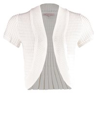 Cardigan blanc à manches courtes, ouvert sur le devant, en maille avec motifs texturés et ourlet arrondi.