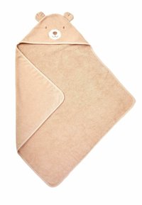 Teddy bear hooded bath towel in soft beige, featuring rounded bear ears and a smiling face, made from plush, absorbent fabric.