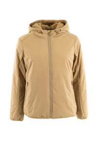 Giacca isolante khaki con cappuccio, chiusura frontale con zip, tasche laterali, texture trapuntata e rivestimento morbido. Adatta per il freddo.