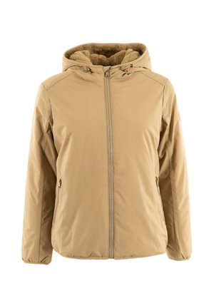 Chaqueta aislada color caqui con capucha, cierre frontal con cremallera, bolsillos laterales, textura acolchada y forro suave. Adecuada para climas fríos.