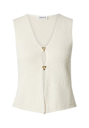 Beige strukturierte Weste mit V-Ausschnitt, versehen mit zwei goldenen, dreieckigen Knöpfen. Der Stoff hat ein geripptes Muster und ein figurschmeichelndes Design.