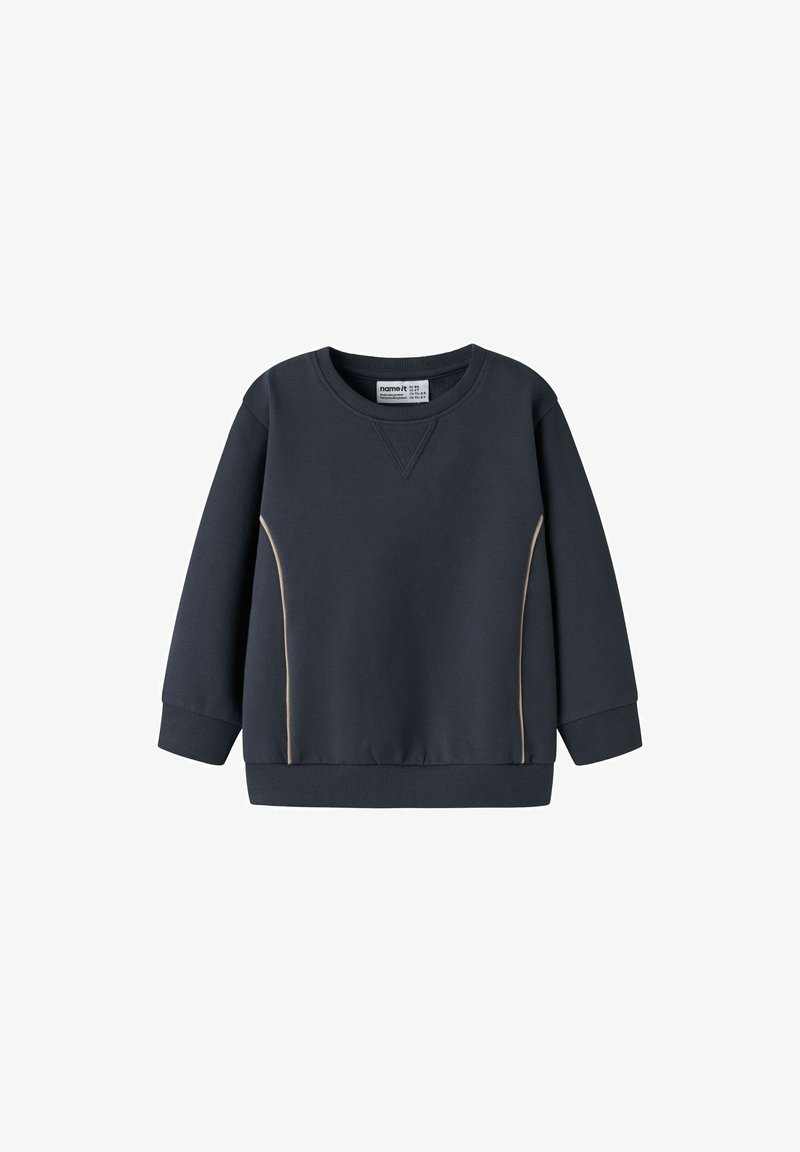 Sweat-shirt bleu marine à manches longues, col rond, poignets et ourlet côtelés, avec passepoil vertical beige clair sur les côtés avant.
