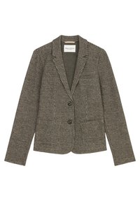 Texturerad grå och svart hundtandblandad kavaj med två framfickor, slagkrage och två knappar för stängning. Märkesskylt synlig invändigt.