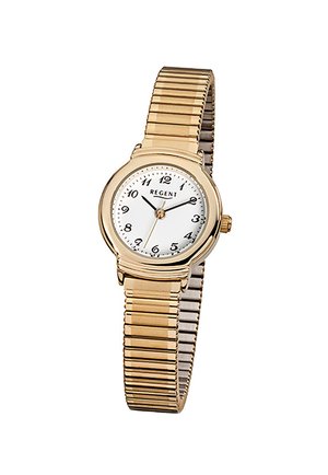 Montre-bracelet dorée avec cadran blanc, chiffres arabes noirs, trois aiguilles dorées et bracelet métallique flexible.
