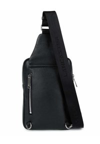 Borsa a spalla in pelle nera con superficie strutturata, tracolla in tessuto regolabile, accessori in metallo argentato e tasca frontale con zip.