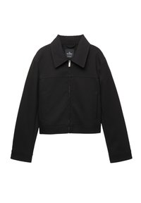 Veste noire courte avec fermeture éclair intégrale à l'avant, col large, manches longues et deux poches latérales verticales.