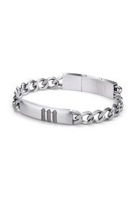 Armband aus Edelstahl mit einem massiven Kettendesign und einem flachen Mittelteil, das drei vertikale Rillen aufweist. Polierte Oberfläche, Klappverschluss.