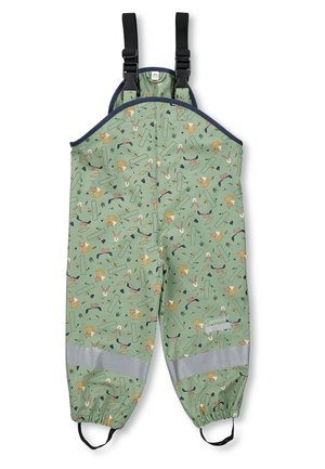 Green children's waterproof overalls with animal and nature prints, black adjustable shoulder straps, reflective bands above elasticized ankles.