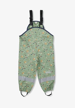 Grüne wasserdichte Kinder-Overall mit Tier- und Naturmotiven, schwarzen verstellbaren Schultergurten, Reflektorenbändern über den elastischen Bündchen an den Knöcheln.