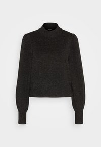 Ciemnoszara dzianinowa sweter z długimi bufiaste rękawami, dopasowanymi mankietami i krótkim kołnierzykiem typu mock neck, prezentowany na białym tle.