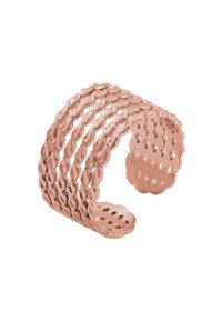 Roségouden armband in de vorm van een manchet met een gedraaide ontwerp van vier strengen, met een gestructureerd oppervlak en golvende uiteinden voor een verfijnde uitstraling.