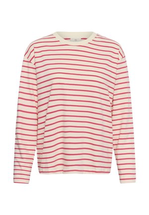 Chemise à manches longues de couleur crème avec de fines rayures horizontales roses et un col rond.