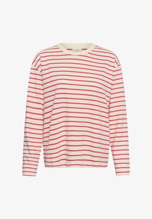 Hosszú ujjú, krémszínű ing vékony, vízszintes rózsaszín csíkokkal és kerek nyakkivágással.