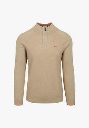 Beige knitted sweater with a high collar, half-zip front, and red accents at the collar and cuffs. Subtle textured pattern throughout.