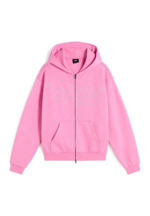 Rosa Hoodie mit Reißverschluss aus weichem Stoff, mit einer Fronttasche, übergroßem Schnitt und dekorativen Stickereien von Sternen und einem Planeten.