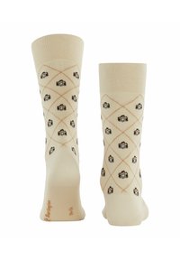 Beige Kniestrümpfe mit einem Rautenmuster. Enthalten kleine Kameramotive in Braun und Schwarz. Verstärkter Zehen- und Fersenbereich, weicher Textur.