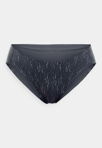 Fekete bikini alsó sima textúrával, ezüst pöttyökkel díszítve, amelyek függőleges vonalakban helyezkednek el. Puha derékpánt kialakítás.